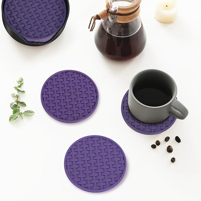 Purple Silicone Coasters with Holder, 4 Inch Non-Slip Decorative Drink Coasters, Heat-Resistant & Waterproof Round Cup Mats Set of 6 for Home, Office, Kitchen, Bar & Table - Housewarming Gift