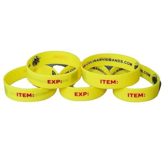 Culinary ID Bands WRITABLE Yellow, Silicone Labeling Bands for 16–24 oz Bottles & Dredges, Reusable Color Coded Bottle Identifiers, Flexible Silicone Bands, Pack of 6