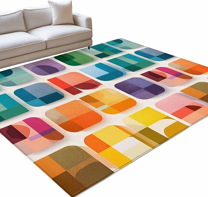 Area Rug 8x10ft, Modern Geometric Squares Washable Rugs for Living Room Bedroom, Colorful Abstract Art Soft Non-Slip Area Rugs Rectangle Floor Carpet for Dining Room