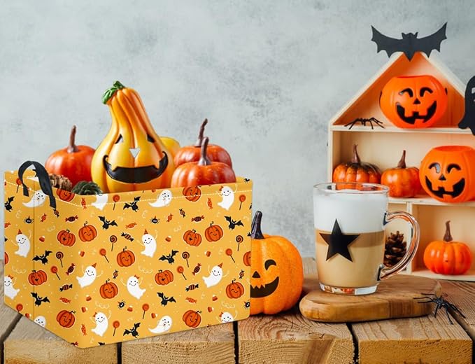 HIYAGON Rectangular Halloween Basket for Boys and Girls Kids Trick or Treat Pumpkin Basket for Halloween Parties Cute Storage Bin Organizer Box Room Decor(Cute halloween )