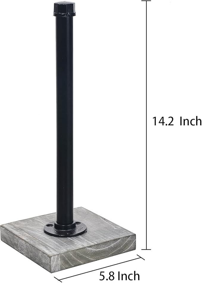Rustic Industrial Iron Pipe Design Paper Towel Holder with Solid Wood Base Farmhouse Paper Towel Roll Dispenser for Kitchen Bathroom Livingroom Office (GreyWhite)