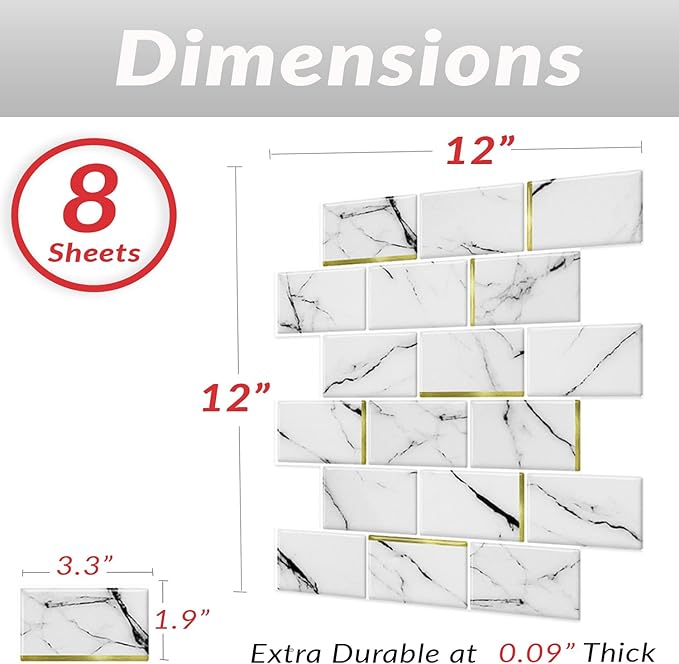 DÉCOR WOW Peel & Stick Backsplash for Kitchen & Bathroom, (8) 12x12-inch Sheets Covers 8 Sq. Ft, White Marble Subway with Gold