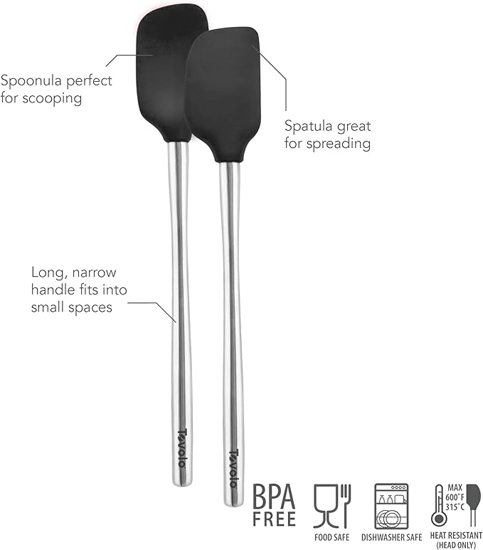 Tovolo Flex Core Mini Silicone Spatula Spoonula Set of 2 for Non Stick Cast Iron Cooking & Baking, Dishwasher Safe Heat Resistant BPA Free Small Stainless Steel Handle Kitchen Utensil, Black