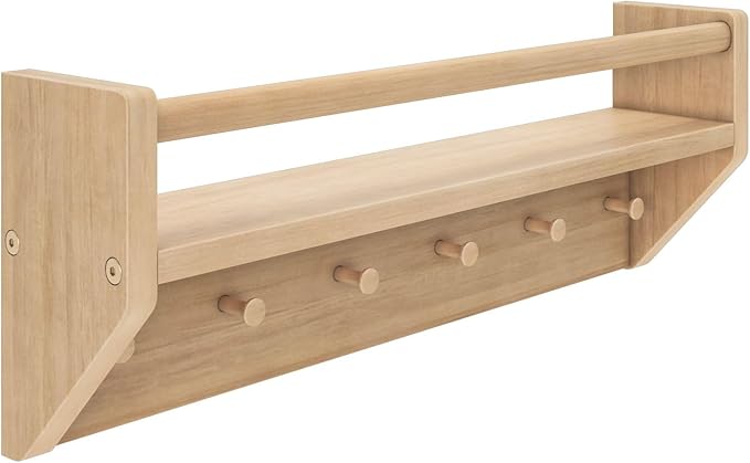 Max & Lily Wall Shelf with Pegs, 24 Inch Floating Bookshelf for Kids Room, Solid Wood Wall-Mounted Storage Shelf with Hooks for Backpacks, Jackets & Décor, Blonde