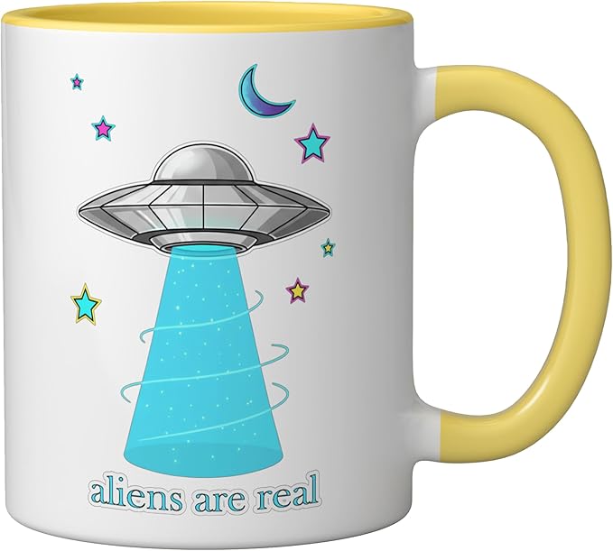 Aliens Are Real Retro UFO Flying Saucer Beam Space Ceramic Mug, Yellow/White