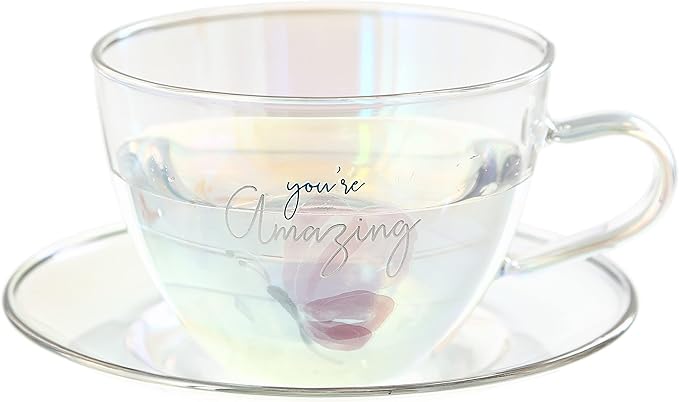 Pavilion Gift Company - You’re Amazing - 7-ounce Glass Teacup with Saucer Set, Iridescent Coffee Cup, Floral Pattern Teacup, Valentine's Day Gift Ideas For Friend, Girlfriend Mug, 1 Count - Pack of 2