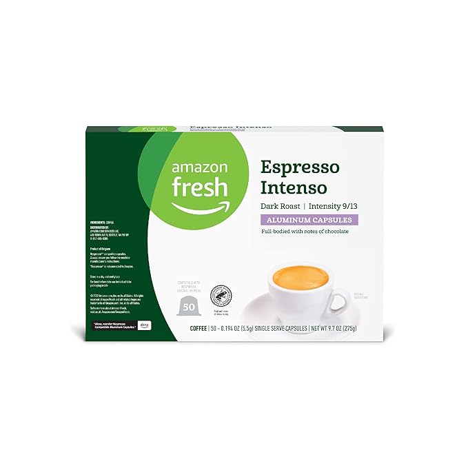 Amazon Fresh Espresso Intenso Dark Roast Aluminum Capsules, Compatible with Nespresso Original Brewers, Intensity 9/13, 50 Count (5 Packs of 10)