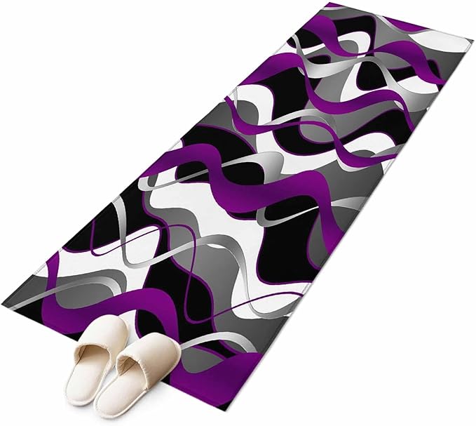 Runner Rug for Bedroom Hallway, Abstract Purple Gray Black White Stripes Kitchen Runner Rugs Area Rug 2x6ft, Modern Lines Washable Soft Floor Carpet for Entryway Stair