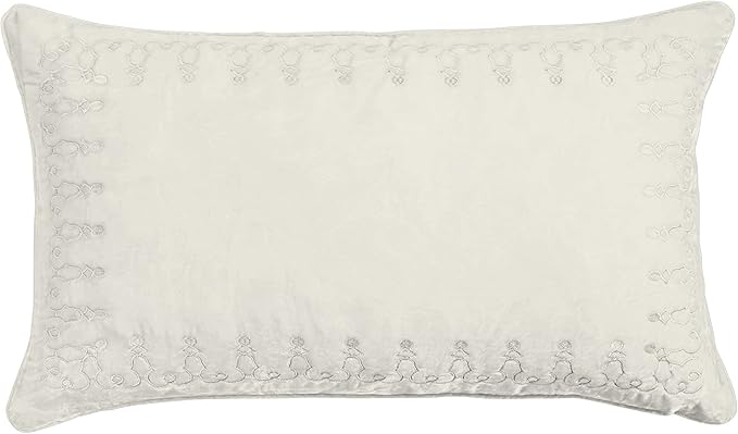 HiEnd Accents Stella Faux Silk Velvet Embroidered Lumbar Pillow, 14x24 inch, Stone, Romantic Western Modern Traditional Style Luxury Bedding, Decorative Throw Pillow