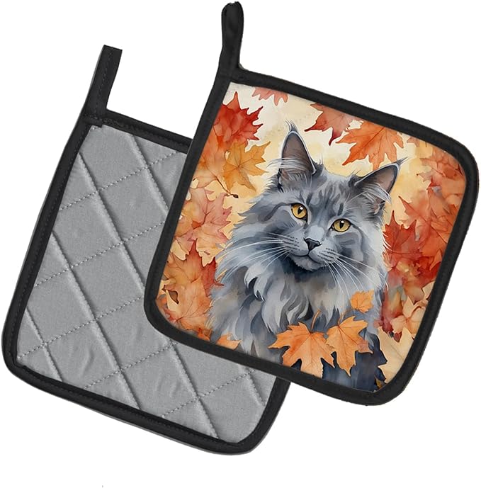 Caroline's Treasures Nebelung Cat in Fall Leaves Pair of Pot Holders Kitchen Heat Resistant Pot Holders Sets Oven Hot Pads for Cooking Baking BBQ, 7 1/2 x 7 1/2