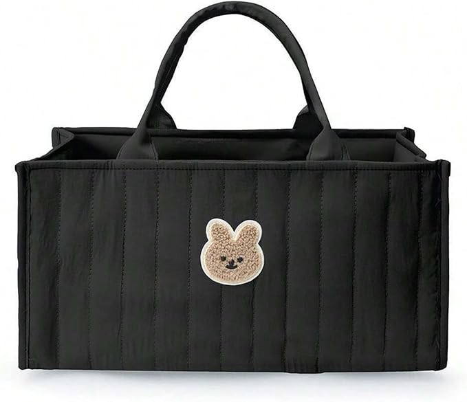 Quilted Fabric Storage Basket Floral Baby Diaper Caddy Quilted Basket for Nursery Bedroom Car Storage (L- Black Bear)