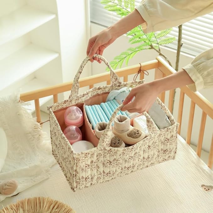 Quilted Fabric Storage Basket Floral Baby Diaper Caddy Quilted Basket Organizer for Newborn Nursery Bedroom Car Storage
