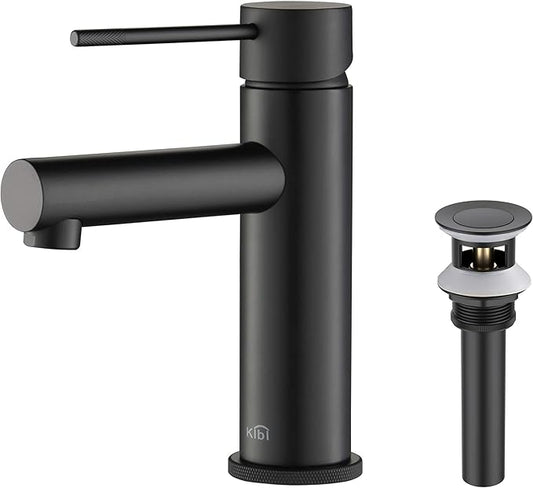 KIBI KBF1010 Solid Brass Single Handle Single Hole Circular X Faucet for Bathroom Sink with Pop Up Drain | High Arc Faucet Spout | Durable Matte Black Finish | Corrosion and Rust Resistant