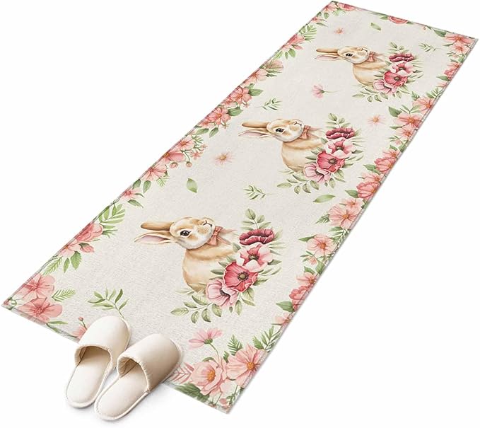 Runner Rug for Bedroom Hallway, Retro Easter Rabbit on Linen Kitchen Runner Rugs Area Rug 2x6ft, Spring Pastoral Pink Flower Leaf Washable Soft Floor Carpet for Entryway Stair