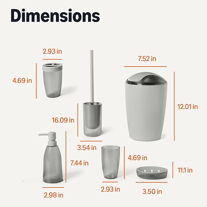 Amazon Basics Bathroom Set, 6-Piece with Toothbrush Holder, Soap Dispenser, Soap Dish, Toothbrush Cup, Trash Can, Toilet Brush and Holder, Grey