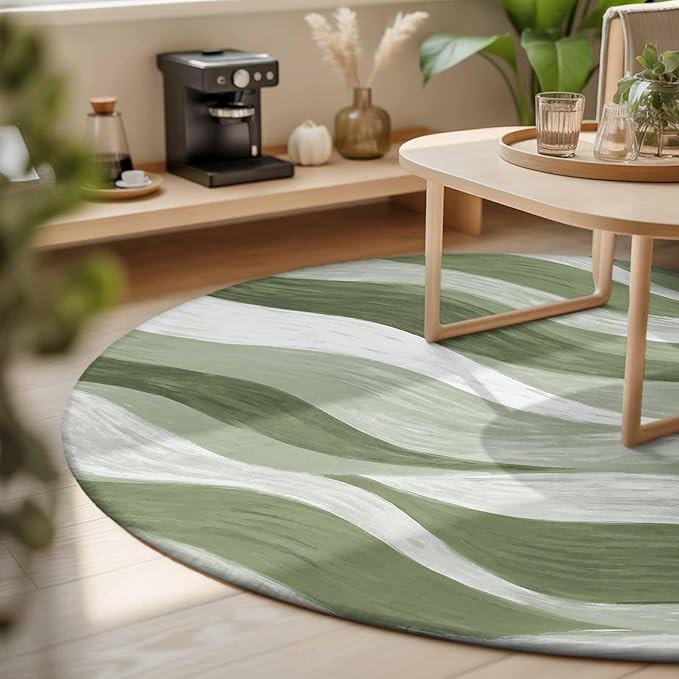 Washable Round Area Rug Modern Sage Green Gradient Stripe Circle Rugs Floor Carpet for Living Room Bedroom, Abstract Ocean Wave Soft Non Slip Round Rug 3ft