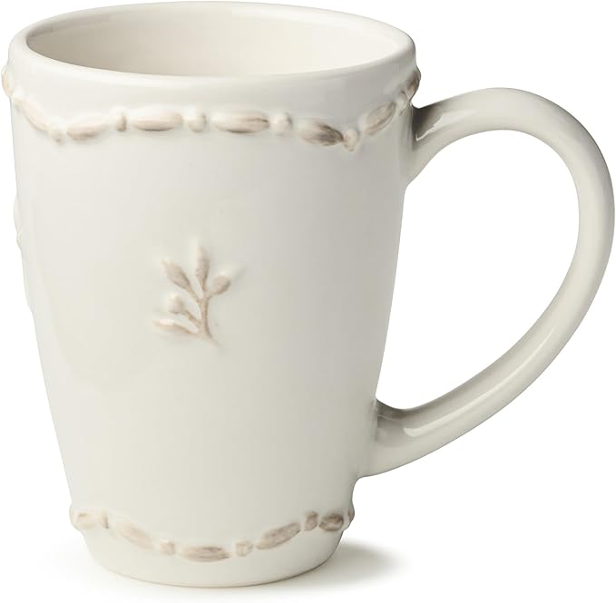Heritage Beads Stoneware Mug Set of 4 – Classic Ivory Coffee & Tea Cups with Embossed Bead Rim & Sprig Detail – Elegant Everyday Farmhouse Mugs for Hot Beverages