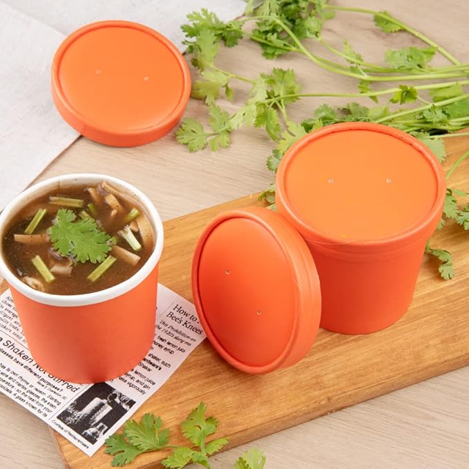 Restaurantware-LIDS ONLY: Bio Tek Lids For 8/12 Ounce Soup Containers, 200 Vented Lids For Paper Soup Containers - Soup Cups Sold Separately, Microwavable, Orange Paper Lids, Hot And Cold Foods