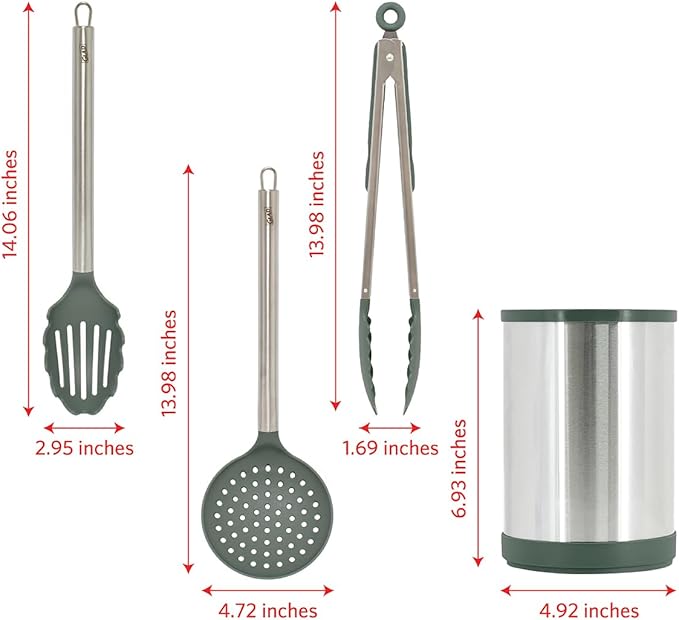 Glad Kitchen Utensils Set, 8pcs - Nonstick Cooking Tools with Stainless Steel Handles & Rotating Utensil Holder - Turners, Ladle, Spoon, Tongs, Spaghetti Server, and Skimmer - Dishwasher Safe, Green