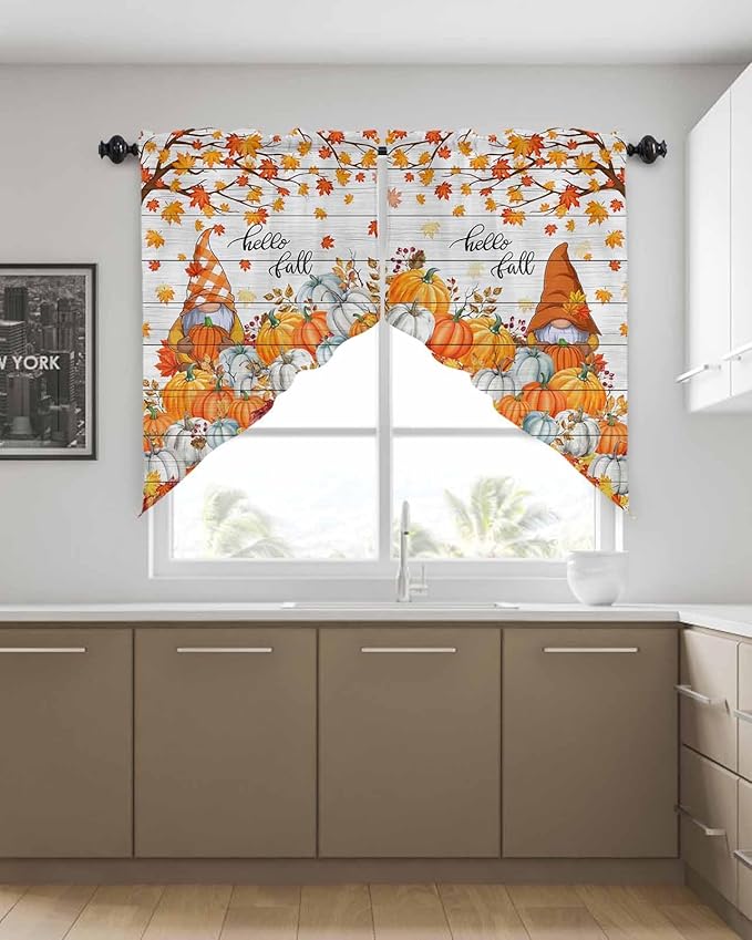 Orange Pumpkins Gnome Maple Leaves Hello Fall Swag Valance Curtains Autumn Thanksgiving Vintage Wood Grain Rod Pocket Kitchen Curtains, Scalloped Window Treatment Valances, 1 Pair, 36" W x 45" L