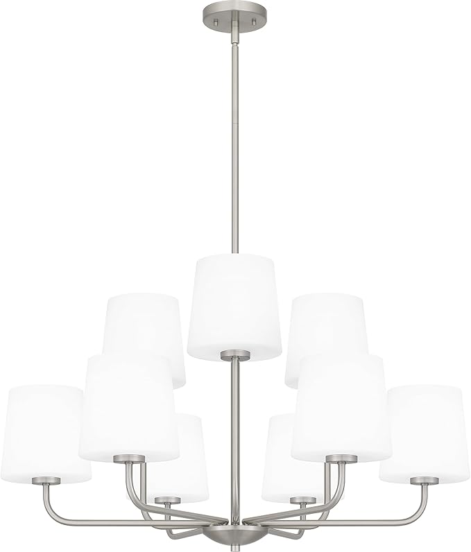 Quoizel Gallagher 2-Tier Chandelier, 32 Inch 9-Light Brushed Nickel Hanging Ceiling Light Fixture, Max Adjustable Height 57", Modern Industrial Design for Dining, Living Room, Kitchen or Office