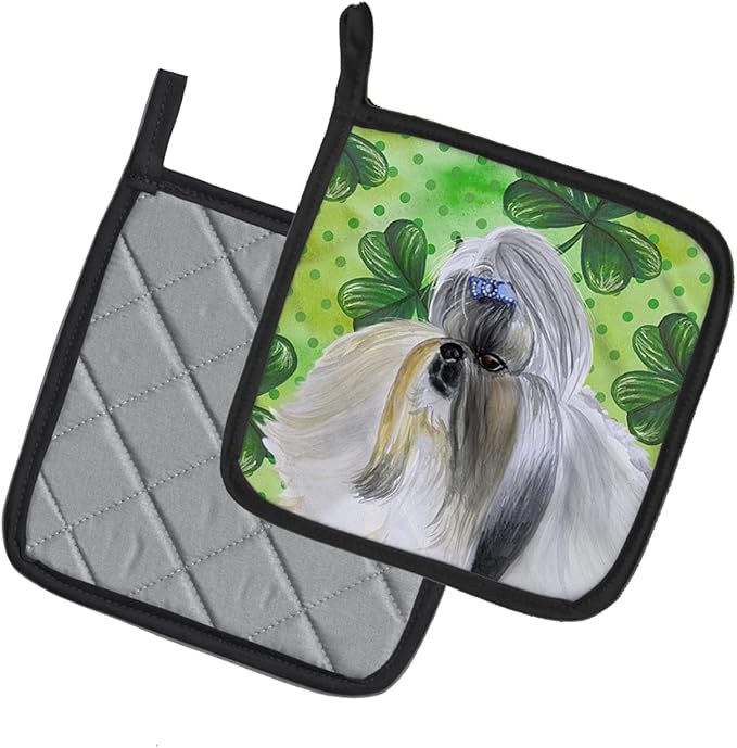 Caroline's Treasures BB9840PTHD Shih Tzu St Patrick's Pair of Pot Holders, Green Kitchen Heat Resistant Pot Holders Sets Oven Hot Pads for Cooking Baking BBQ, 7 1/2 x 7 1/2