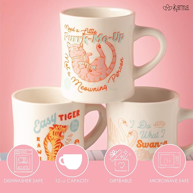 Karma 12 oz New Bone China Coffee Cup - Dishwasher Mirowave Safe - Cute Retro Design Giftable Mug for Women and Men, Tiger