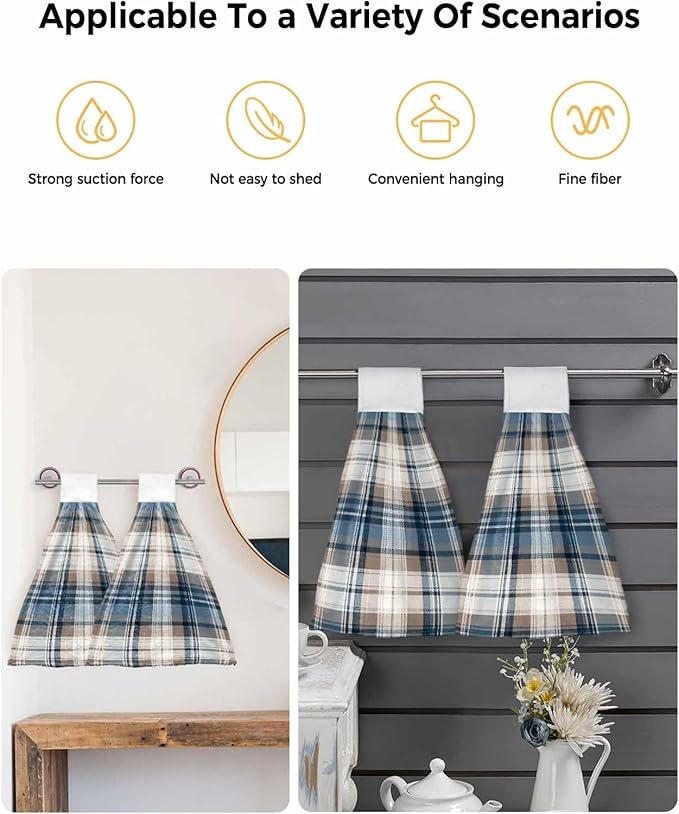 Alandar Home Kitchen Tie Towel Set of 1, Vintage Geometric Plaid Absorbent Soft Hand Towels for Bathroom Hanging Towels, Blue Brown Color Block Fast Drying Cleaning Cloth with Loop