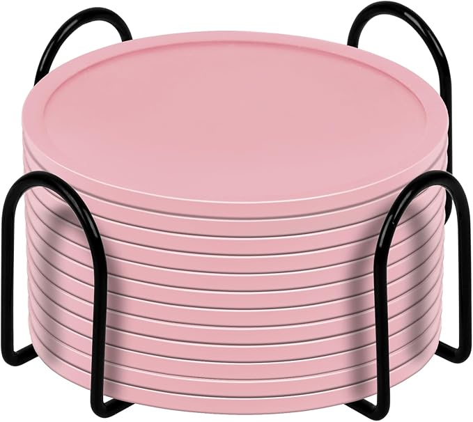 Silicone Coasters Set of 12 with Holder,Heat Resistant Cup Mat Tabletop Protection,Coasters Set for Outdoor & Indoor Drinks - Anti Stain & Heat Resistant,Washable, Heat Resistant, Non-Slip(Pink)