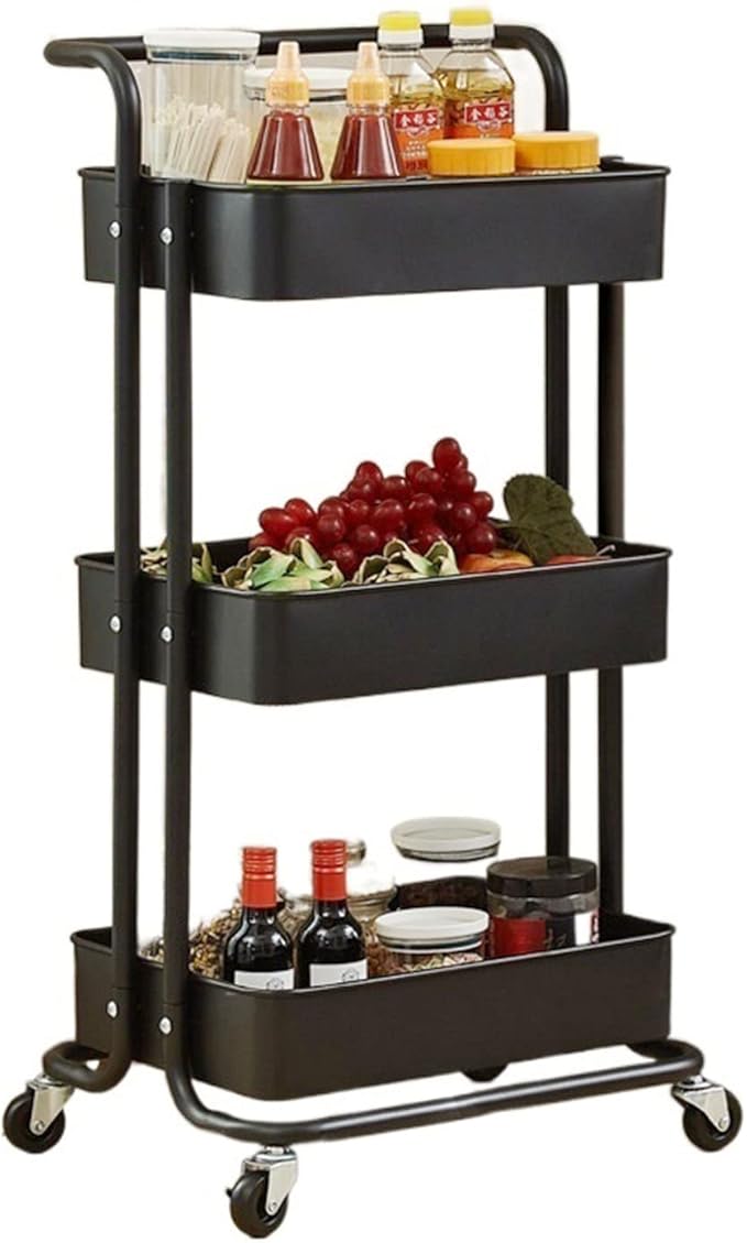 Kitchen Storage Rack Kitchen Storage Racks Parlor Bathroom Office Shelf Gadget Stainless Steel Holder Trolleys Food Clothes Sundry Organizer 3-Layer Storage Shelves (Color : Gold) (Black)