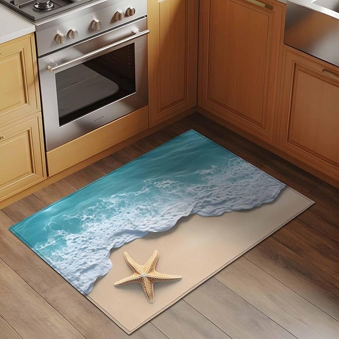 Area Rug 2x3ft, Beach Starfish Teal Sea Water Washable Rugs for Living Room Bedroom, Summer Ocean Theme Soft Non-Slip Area Rugs Rectangle Floor Carpet for Dining Room
