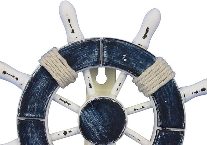 Hampton Nautical Wheel-6-108 Rustic Decorative Ship Wheel with Hook, 6", Dark Blue/White