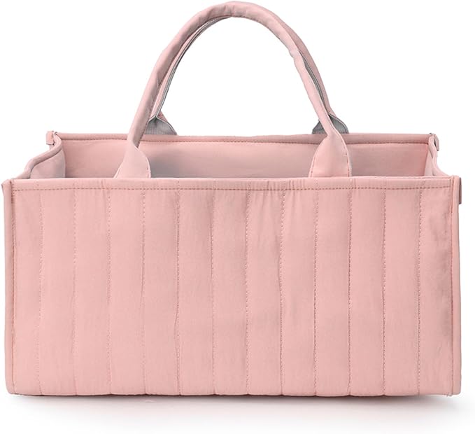 Quilted Fabric Storage Basket Floral Baby Diaper Caddy Quilted Basket for Nursery Bedroom Car Storage (L- Pink Bear)