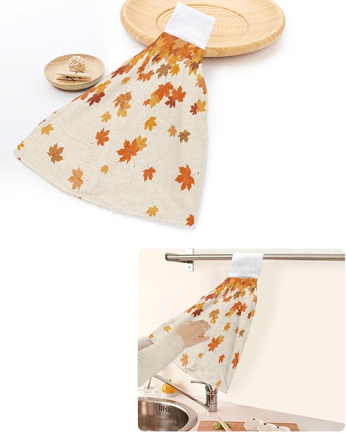 Alandar Home Kitchen Tie Towel Set of 2, Vintage Autumn Maple Leaves Absorbent Soft Hand Towels for Bathroom Hanging Towels, Countryside Farm Plants Fast Drying Cleaning Cloth with Loop