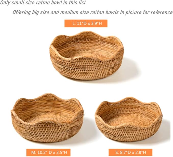 Handmade Rattan Round Fruit Basket Food Storage Bowls Kitchen Organizer Snack Serving Bowl Wavy Edge Circle Tray Basket, Boho Home Décor Display Tray for Coffee Table, Dining Room (Small 8.7")