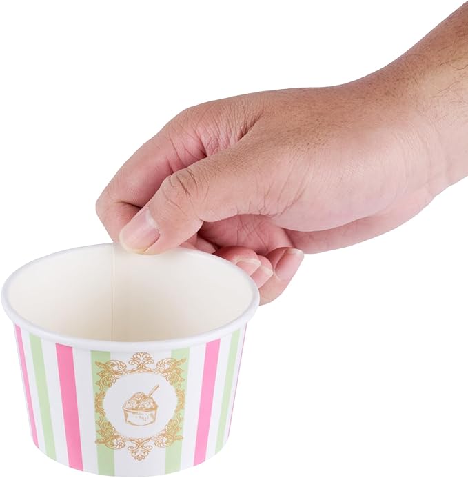Coppetta 8 Ounce Dessert Cups, 50 Greaseproof Ice Cream Cups - Lids Sold Separately, For Hot And Cold Foods, Green And Pink Stripe Paper Yogurt Bowls, Disposable, Sturdy - Restaurantware