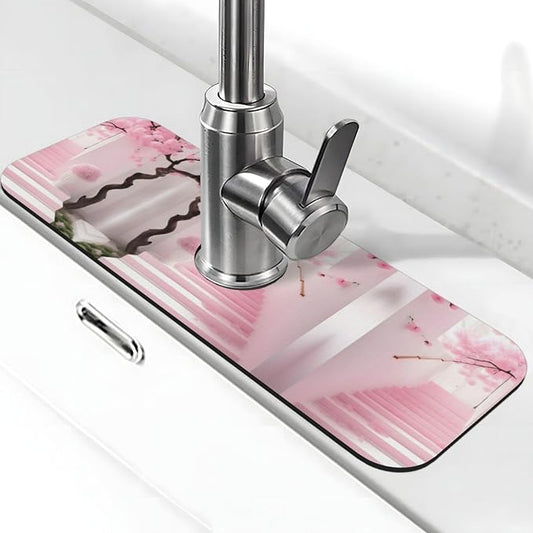 Pink Cherry Blossom Staircase Printed Faucet Absorbent mat, Suitable for bathrooms, Kitchens, and Other Sink Areas.