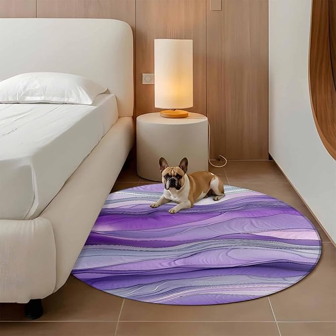 Washable Round Area Rug Abstract Art Purple Gray Wave Circle Rugs Floor Carpet for Living Room Bedroom, Vintage Marble Texture Soft Non Slip Round Rug 3ft