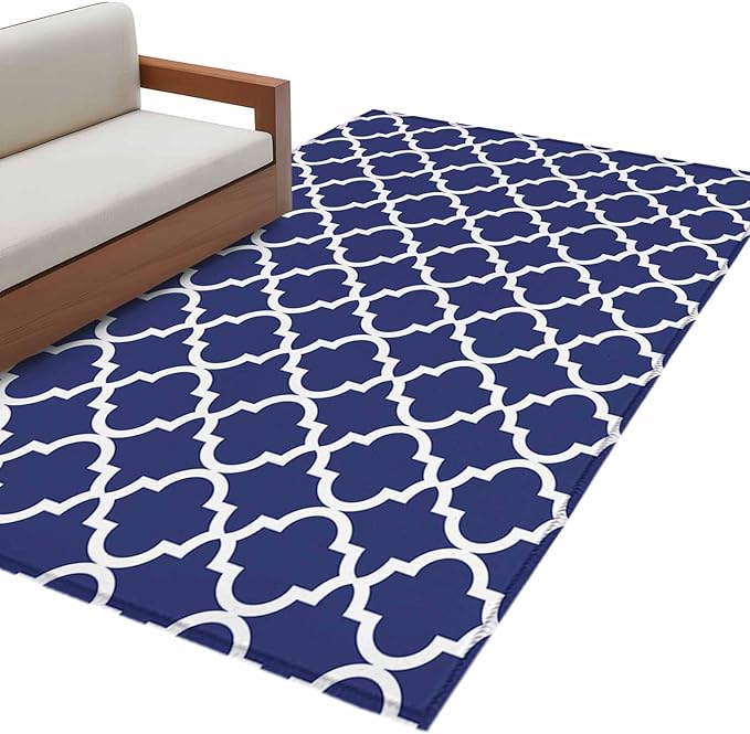 Area Rug 4x6ft, Navy Blue Moroccan Plaid Washable Rugs for Living Room Bedroom, White Line Buffalo Lattice Soft Non-Slip Area Rugs Rectangle Floor Carpet for Dining Room