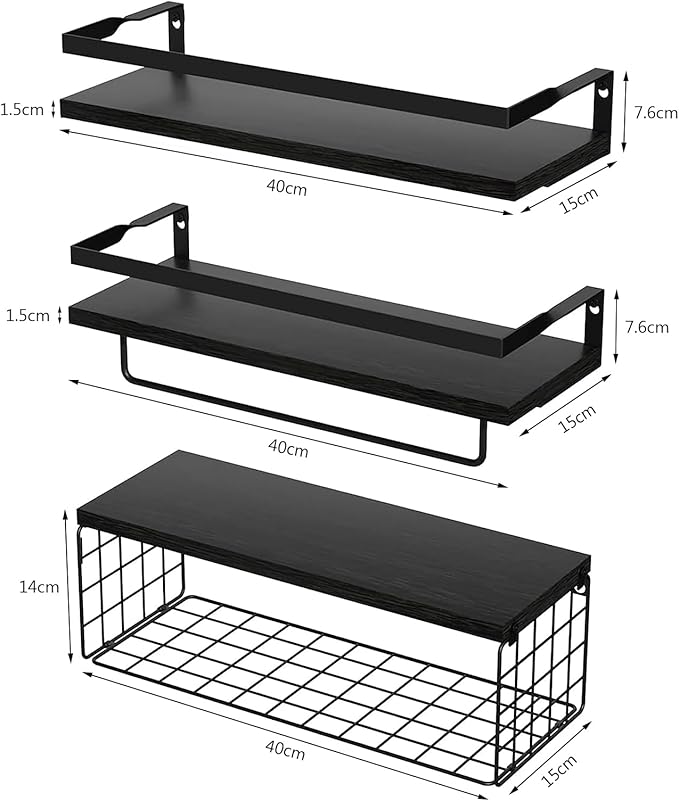 Upgrade Towel Racks for Bathroom Wall Mounted, 3 Pack Floating Shelves with Storage Basket, Bathroom Organizes, Wall Mounted Rustic Wood Shelves for Bedroom, Living Room, Kitchen (Black)