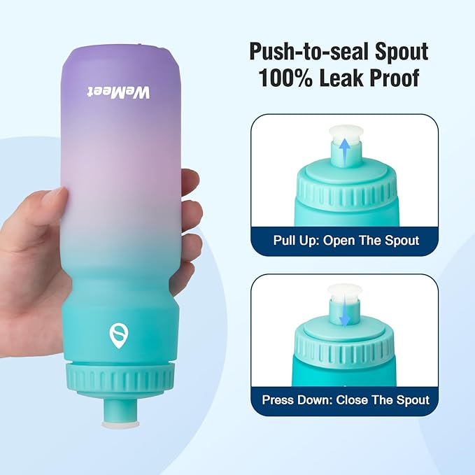 WEMEET Lightweight Cycling Water Bottle 2-Pack, Fits Most Bike Cages, Squeeze Water Bottle for Cycling, Running, Fitness(Black & Green Pink Purple, 32oz)
