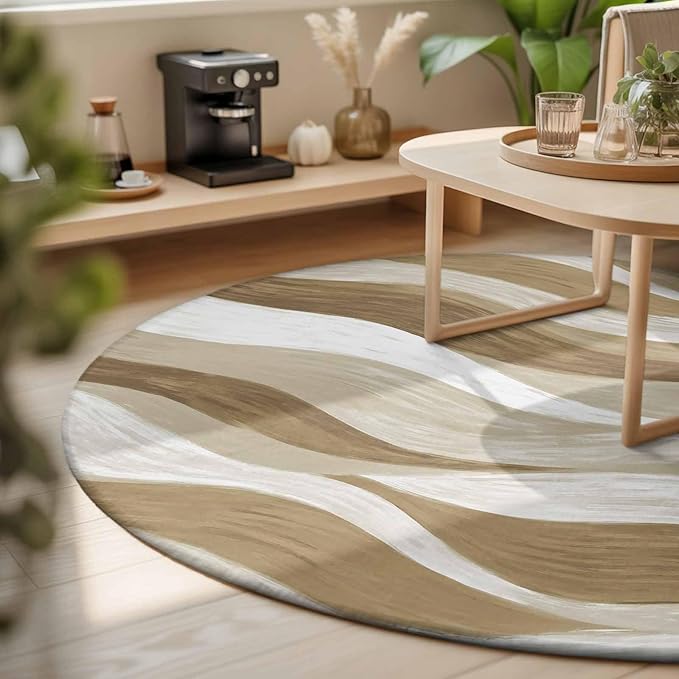 Washable Round Area Rug Modern Brown Ombre Ocean Wave Circle Rugs Floor Carpet for Living Room Bedroom, Abstract Gradient Stripe Soft Non Slip Round Rug 3ft