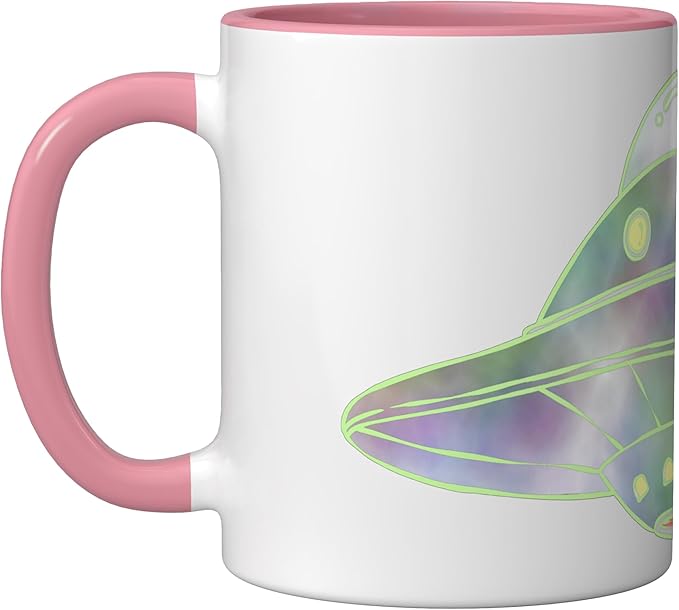 UFO UAP Flying Saucer Alien Spaceship Ceramic Mug, Pink/White