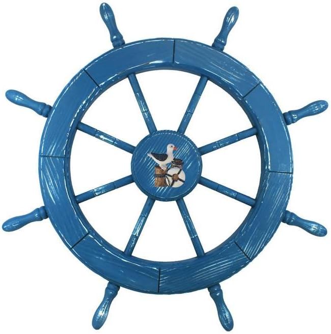Hampton Nautical Wheel-30-100-seagull Wooden Rustic Decorative Ship Wheel with Seagull, 30", Light Blue