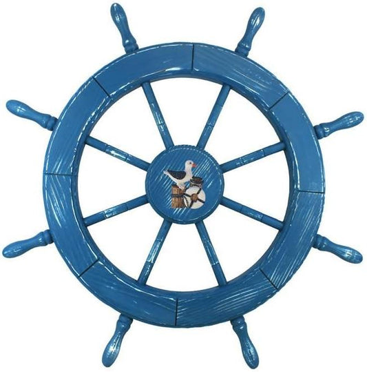 Hampton Nautical Wheel-30-100-seagull Wooden Rustic Decorative Ship Wheel with Seagull, 30", Light Blue