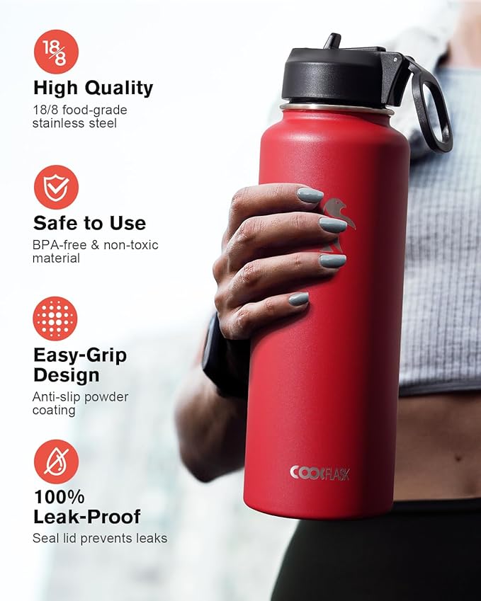 Coolflask Water Bottle 40 oz Insulated with Straw, Stainless Steel Metal 3 Lids Water Flask for Sports or Office, Keep Cold 48H Hot 24H, Red