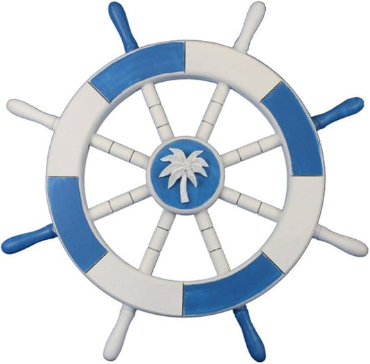 Hampton Nautical Light Blue & White Decorative Ship Wheel with Palm Tree 18"