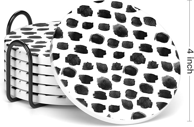 Nipichsha Coasters for Drinks, Set of 6 Cute Absorbent Ceramic Drink Coasters for Cup with Holder and Cork Base, Kitchen Home Decor Housewarming Gift, Round 4 in, Milk White Black Dots
