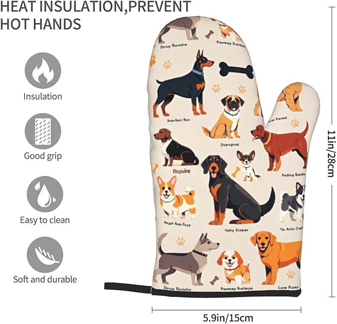 Dogs Design Oven Mitts of 2-Pack, Funny Kitchen Gloves Heat Resistant Non-Slip Kitchen Mitts Safe Cooking Baking Grilling