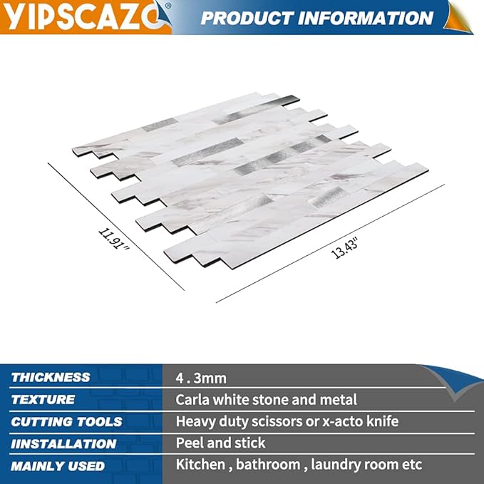 Yipscazo 2026 New Upgrade Peel and Stick Stone Metal Tile Backsplash, Stick on Tiles for Backsplash Kitchen, Bathroom, Laundry Room, Camper, Fireplace (20 Sheets, Bright Carla White)